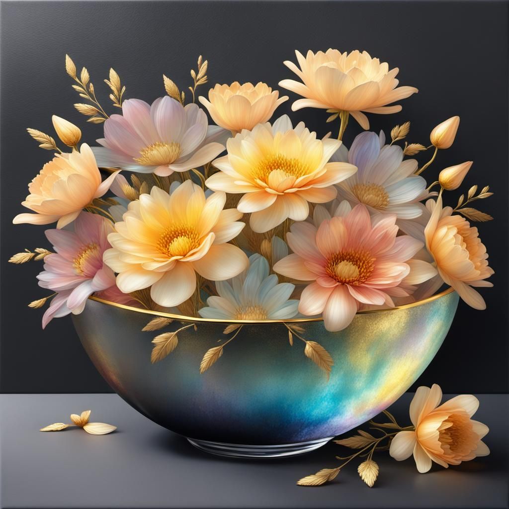 Iridescent Glass Bowl with Flowers in Alcohol Ink Style