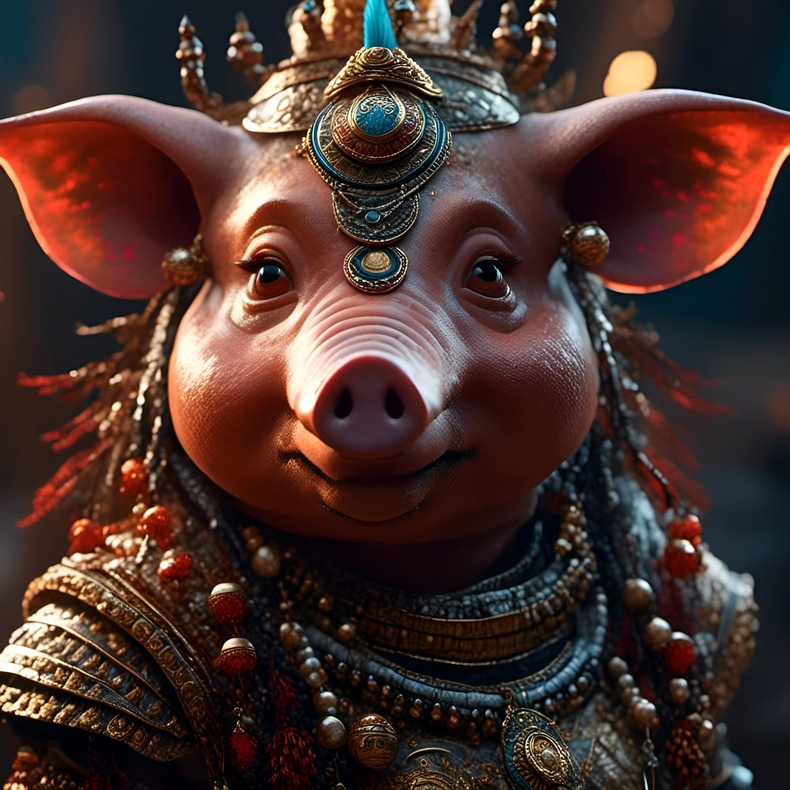 Surreal Tribal Pig Portrait with Dragonscale Skin