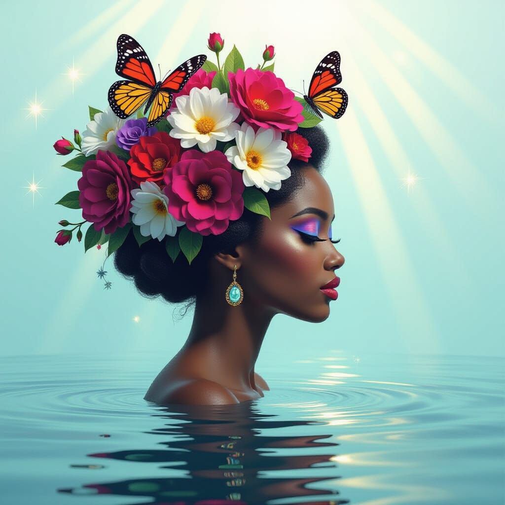 African Woman Portrait with Surreal Flower Hair in Dali Styl...