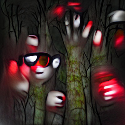 Eerie Dark Forest with Glowing Red Eyes
