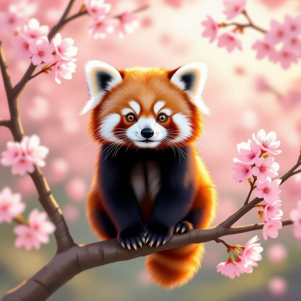 Cute Red Panda on Cherry Blossom Tree in Whimsical Style