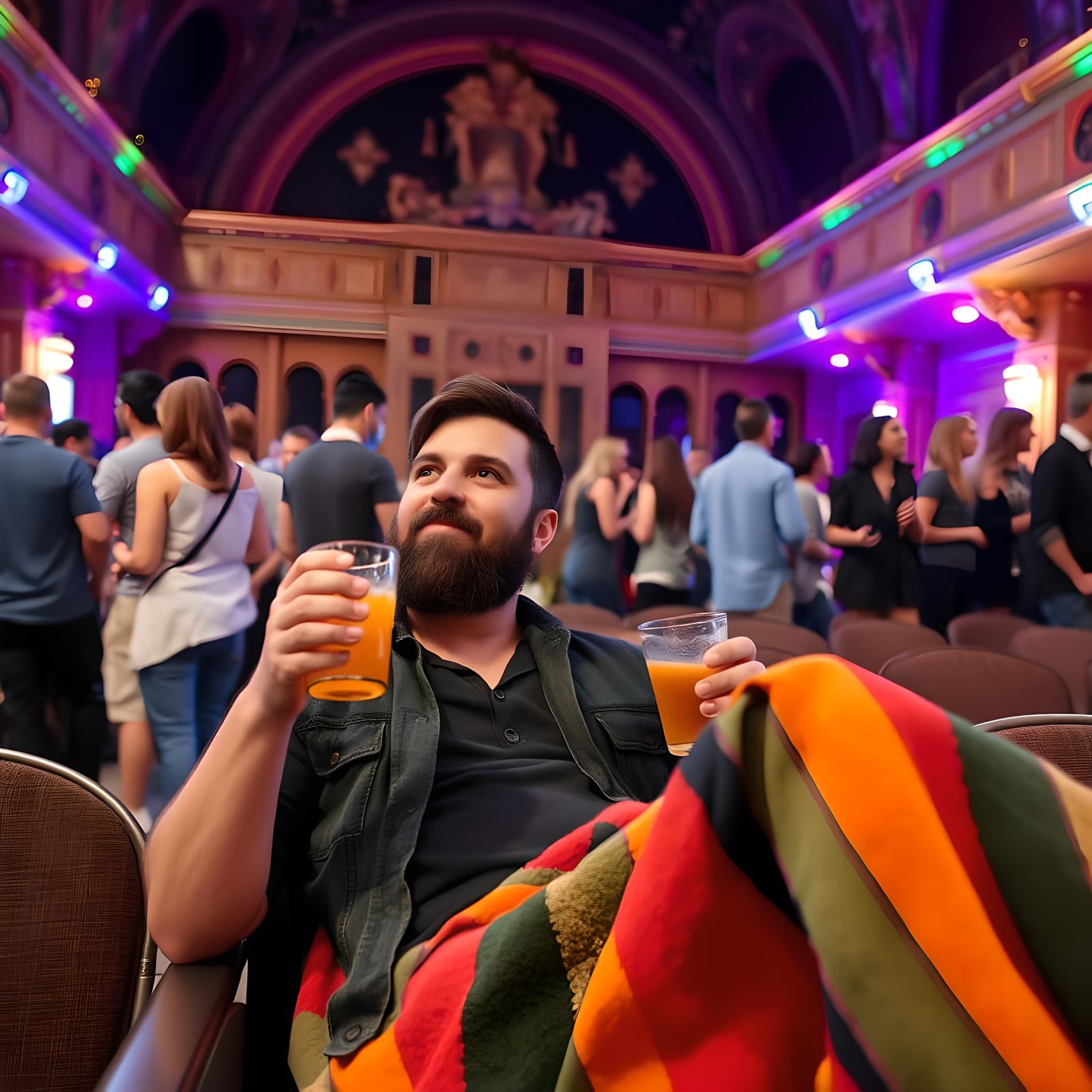 Contented Bearded Man in Ornate Theater Venue