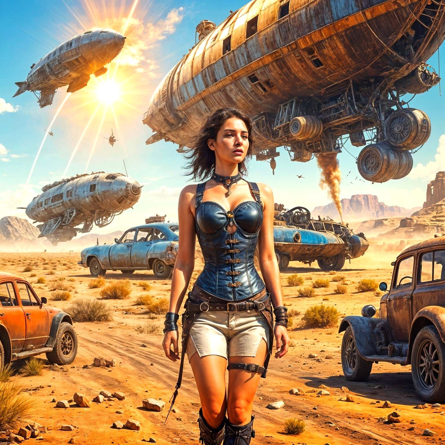 Steampunk Woman in Futuristic Desert with Zeppelin
