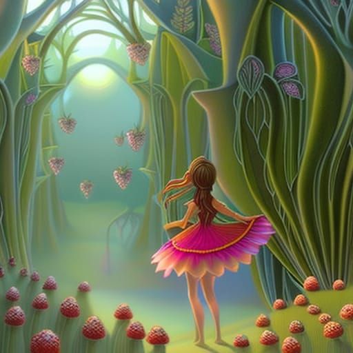 Forest Fairy in Strawberry Field: Botanical Art