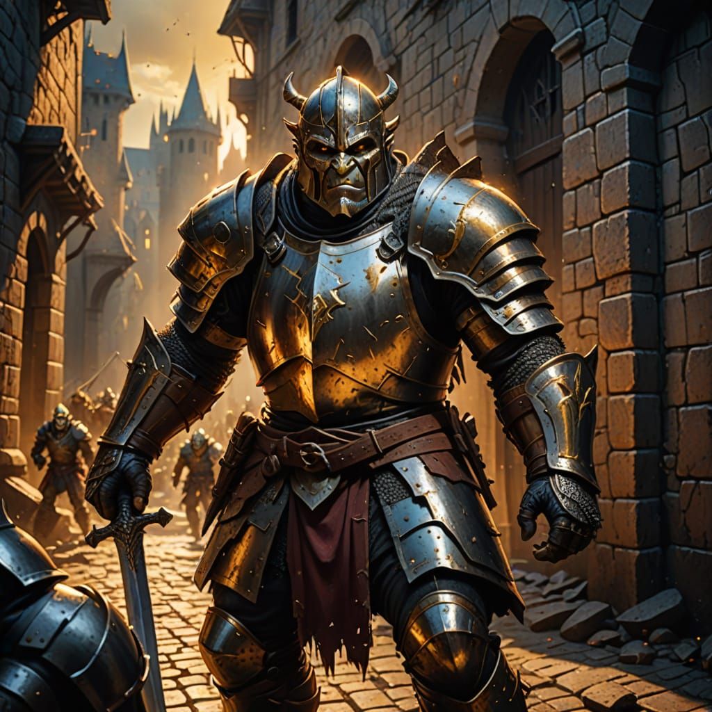 Heroic Knight Stands Firm Against Orcish Horde in Vibrant Ci...