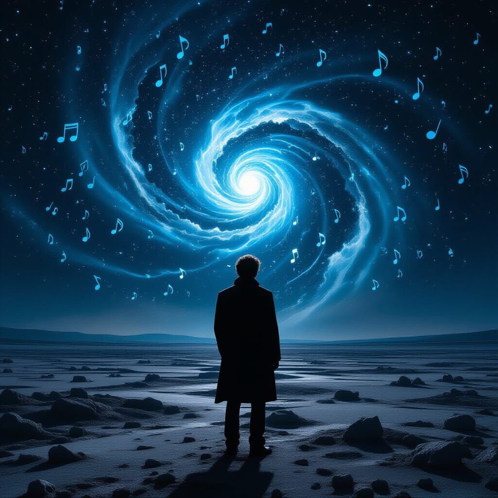 Melancholy Musician in Cosmic Void, Photorealistic Style