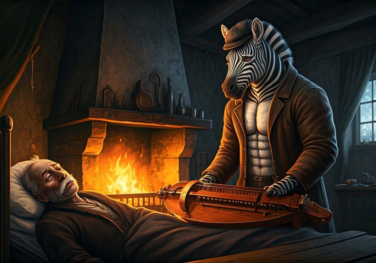 Tormented Zebra Man Burns Hurdy-Gurdy in Desolate Hut