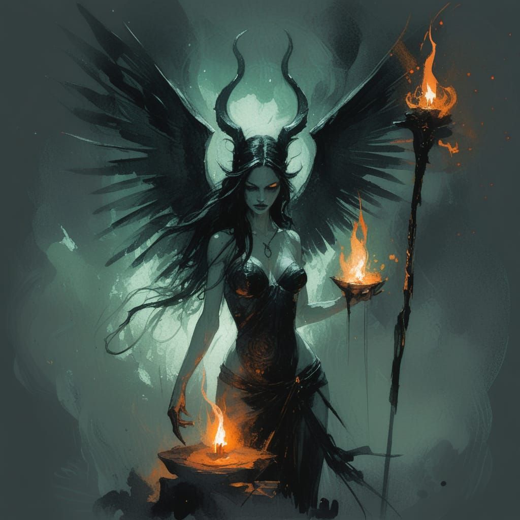 Lilith's Cosmic Cult in Dark Watercolor Style