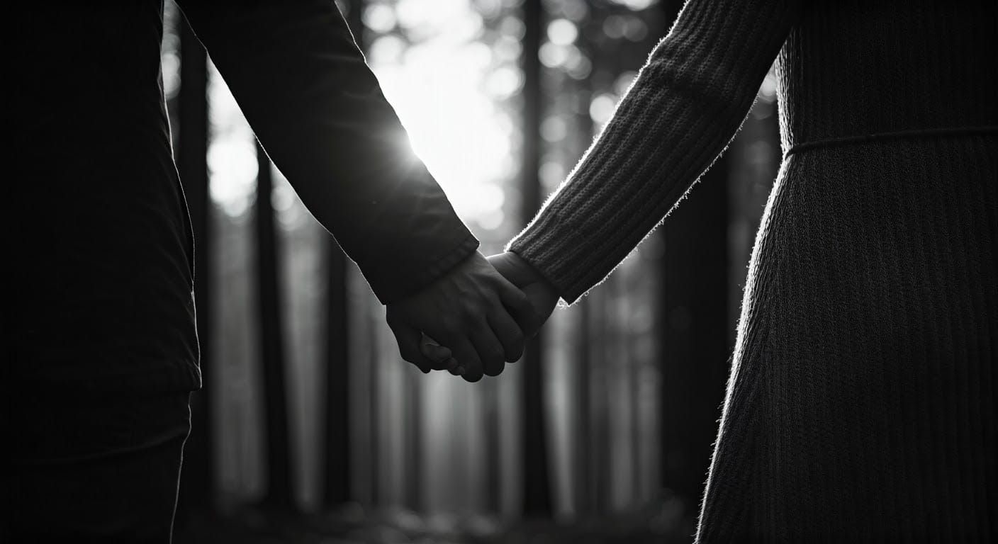 Intimate Forest Scene: Hands Clasping in Tranquility