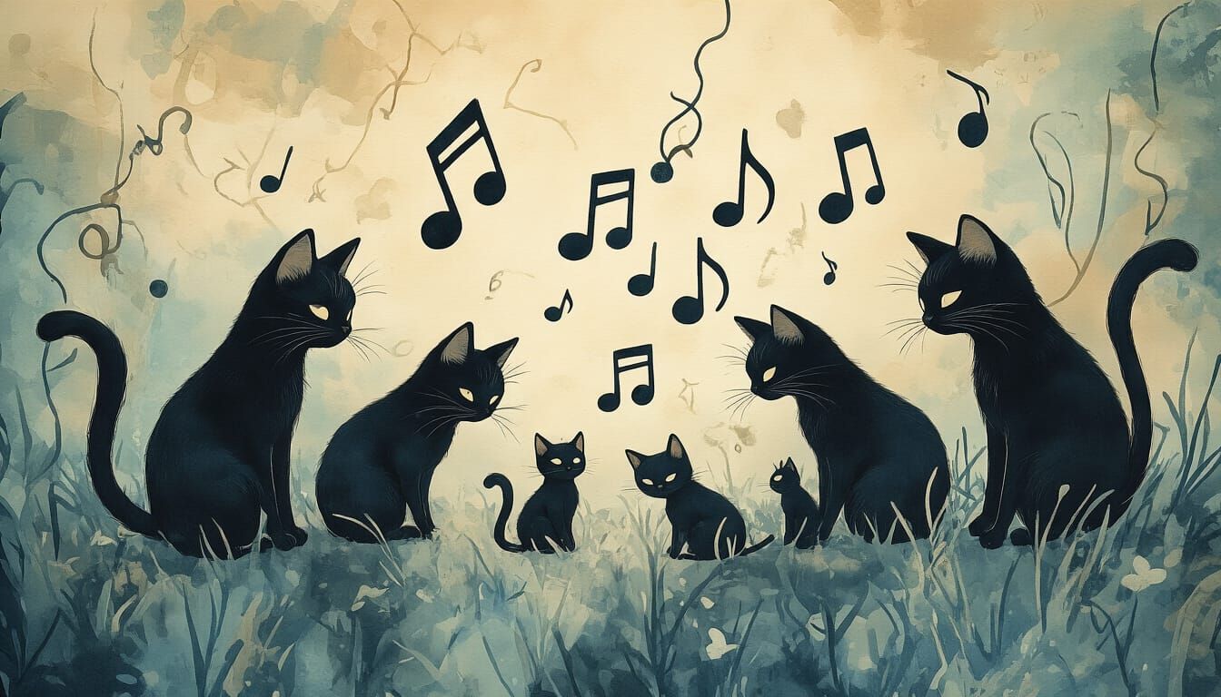 Surreal Cats Play Melodies in Watercolor Style