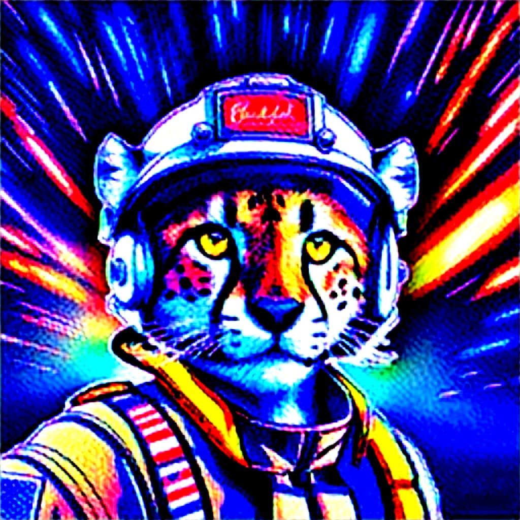 Glowing Cheetah Firefighter in Cosmic Landscape