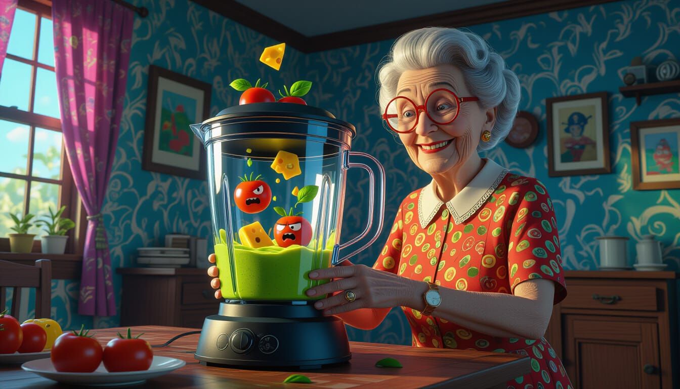 Sinister Granny Blends Terrified Food in Surreal Kitchen