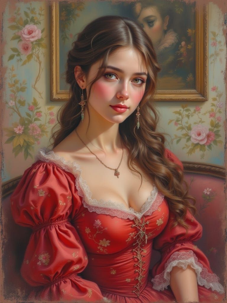 Victorian Woman in Red Dress, Pastel Oil Painting