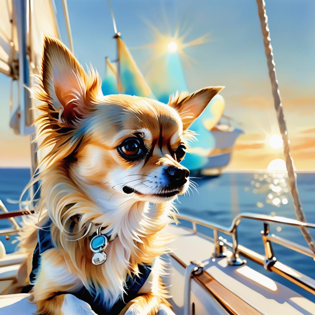 Chihuahua on Yacht in Pastel Watercolor