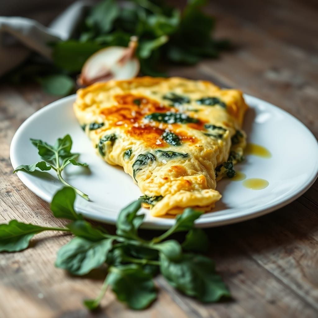 Golden Spinach and Onion Omelette on White Plate