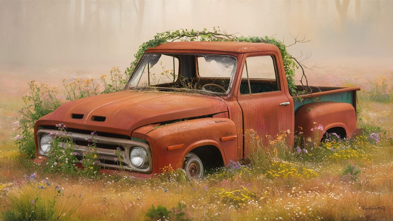 Abandoned Truck Reclaimed by Nature in Golden Light