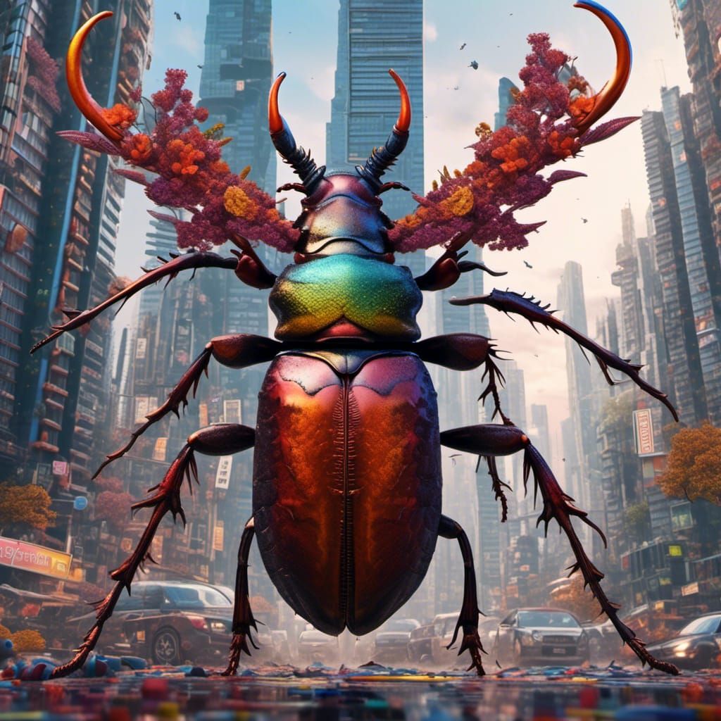 Giant Stag Beetle Emerges in Metropolis