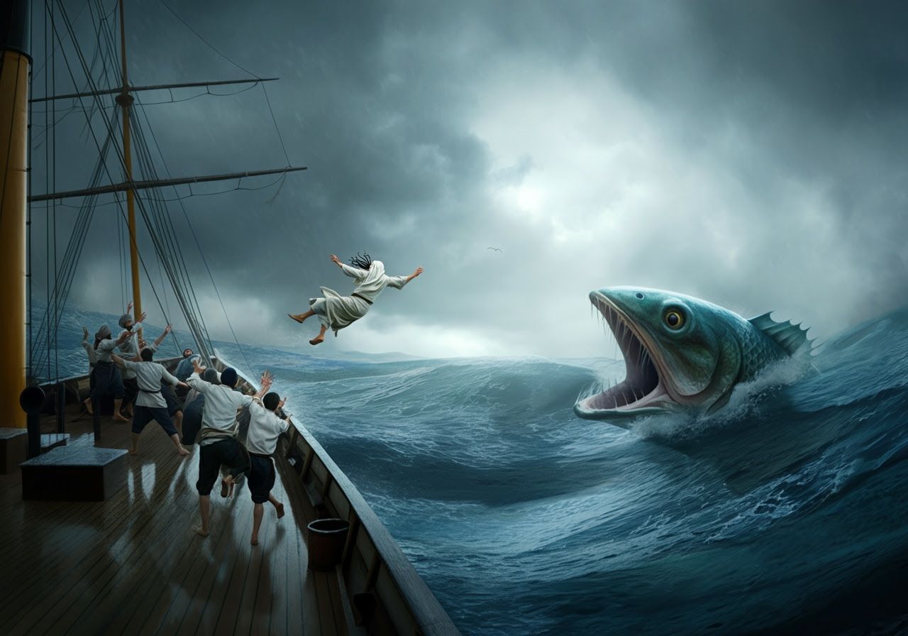 Dramatic Seascape: Jonah Thrown Overboard Old Steamship