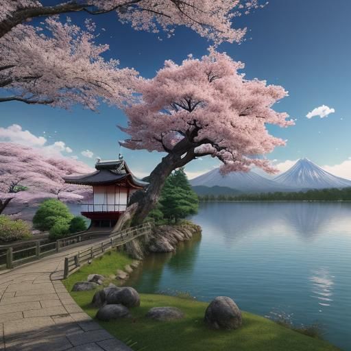 Sakura Tree by Lake: 3D Anime Art