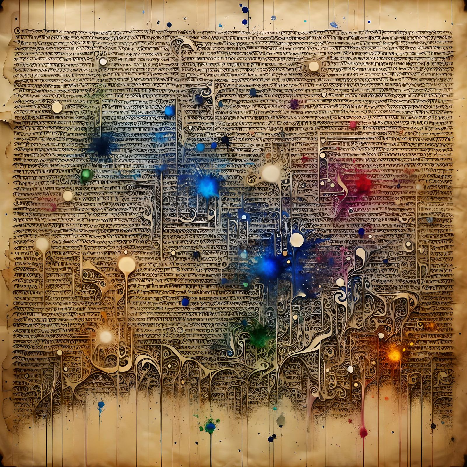 Ancient Parchment with Cryptic Script and Ink Splatters