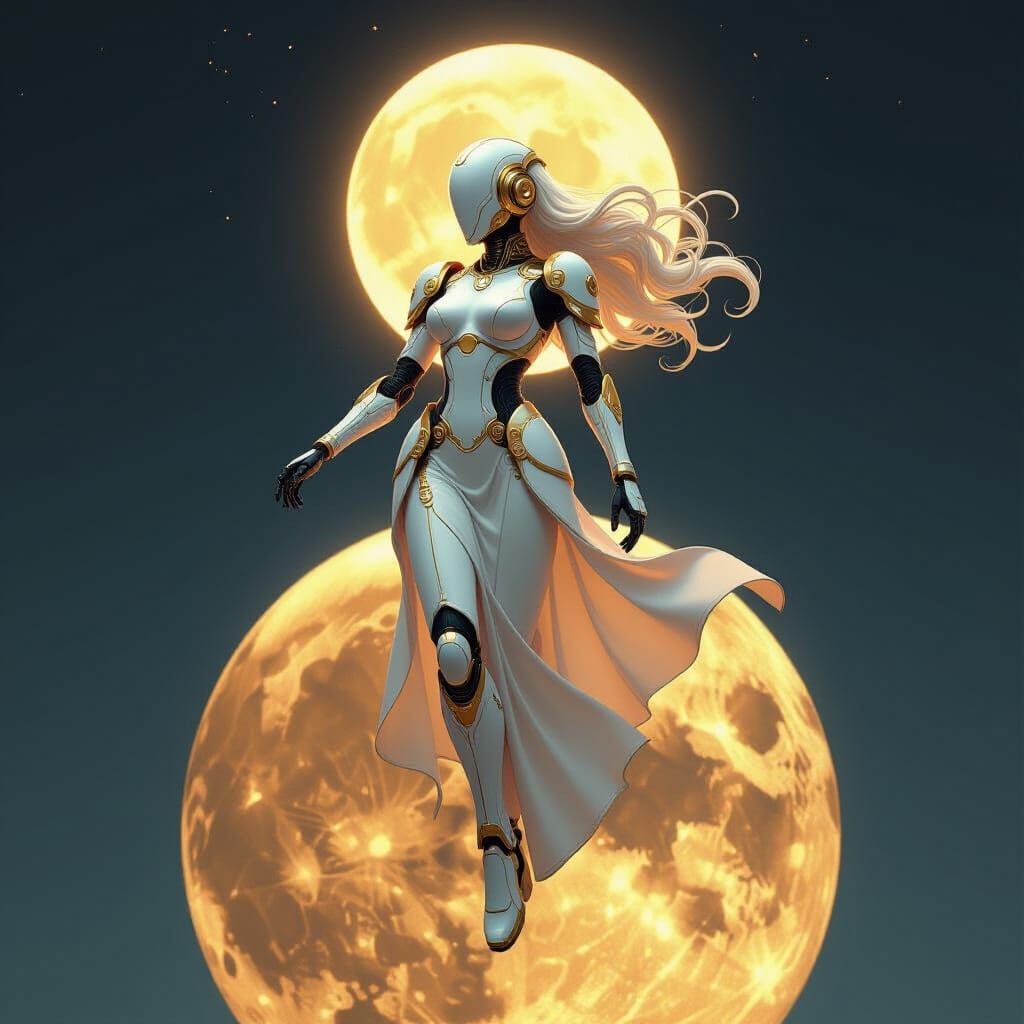 Robot Woman Lands on Golden Moon