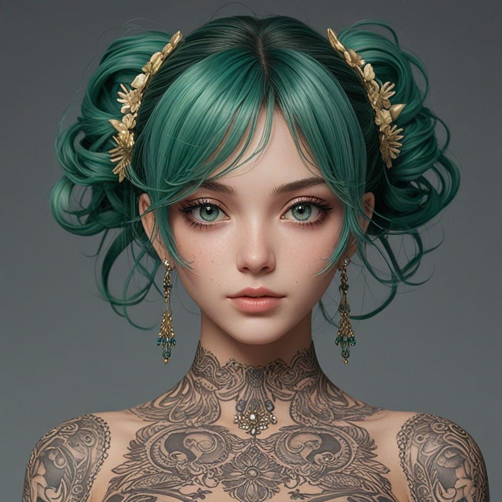 Anime Lady with Green Eyes and Tattoos