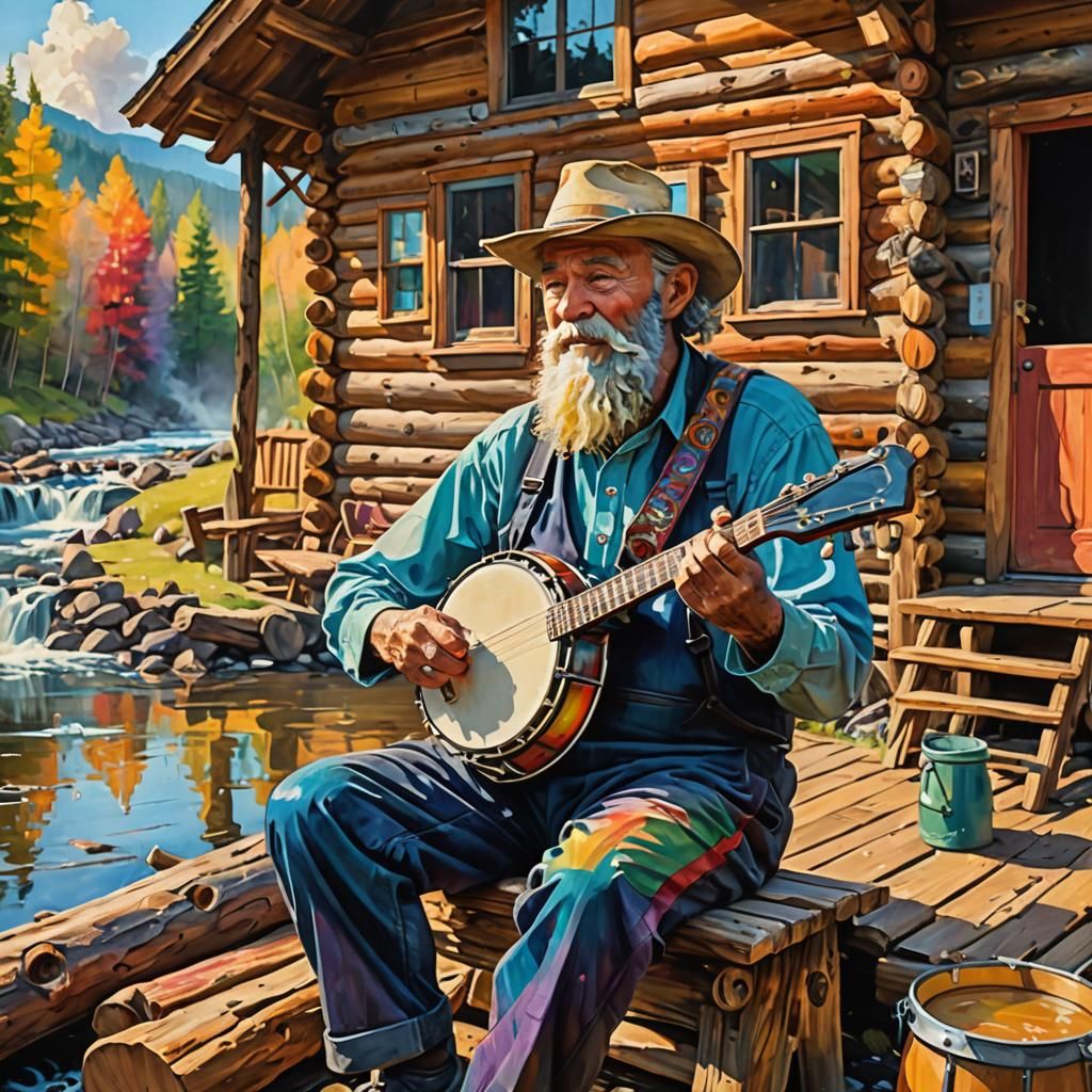 Rainbow Beard Banjo Player in Abstract Expressionism