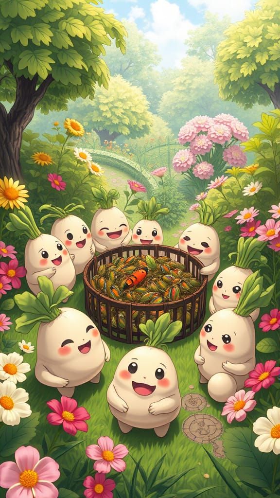 Whimsical Turnip Gathering in Vibrant Anime-Style Garden