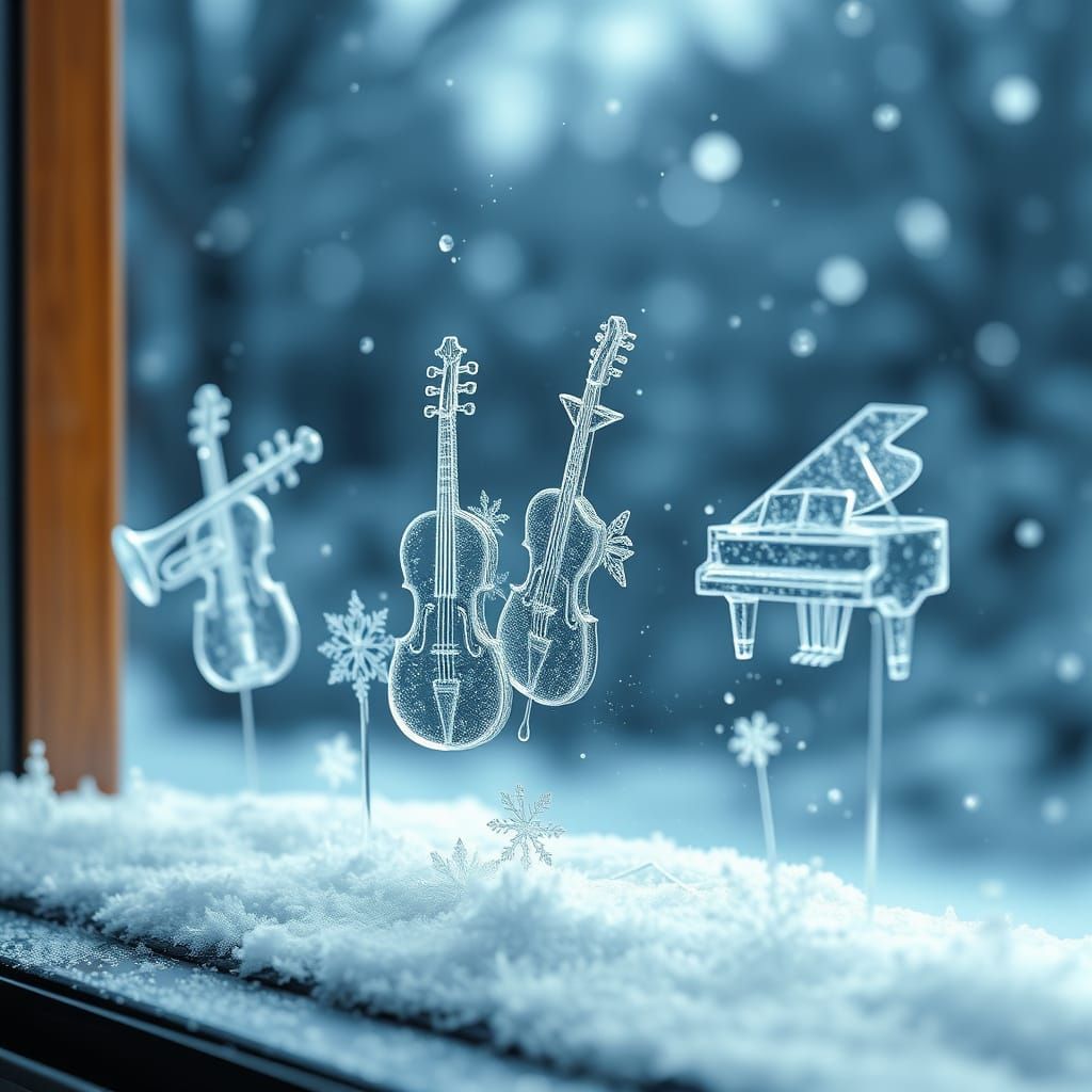 Musical Instrument Snowflakes on Windowsill in Photorealisti...