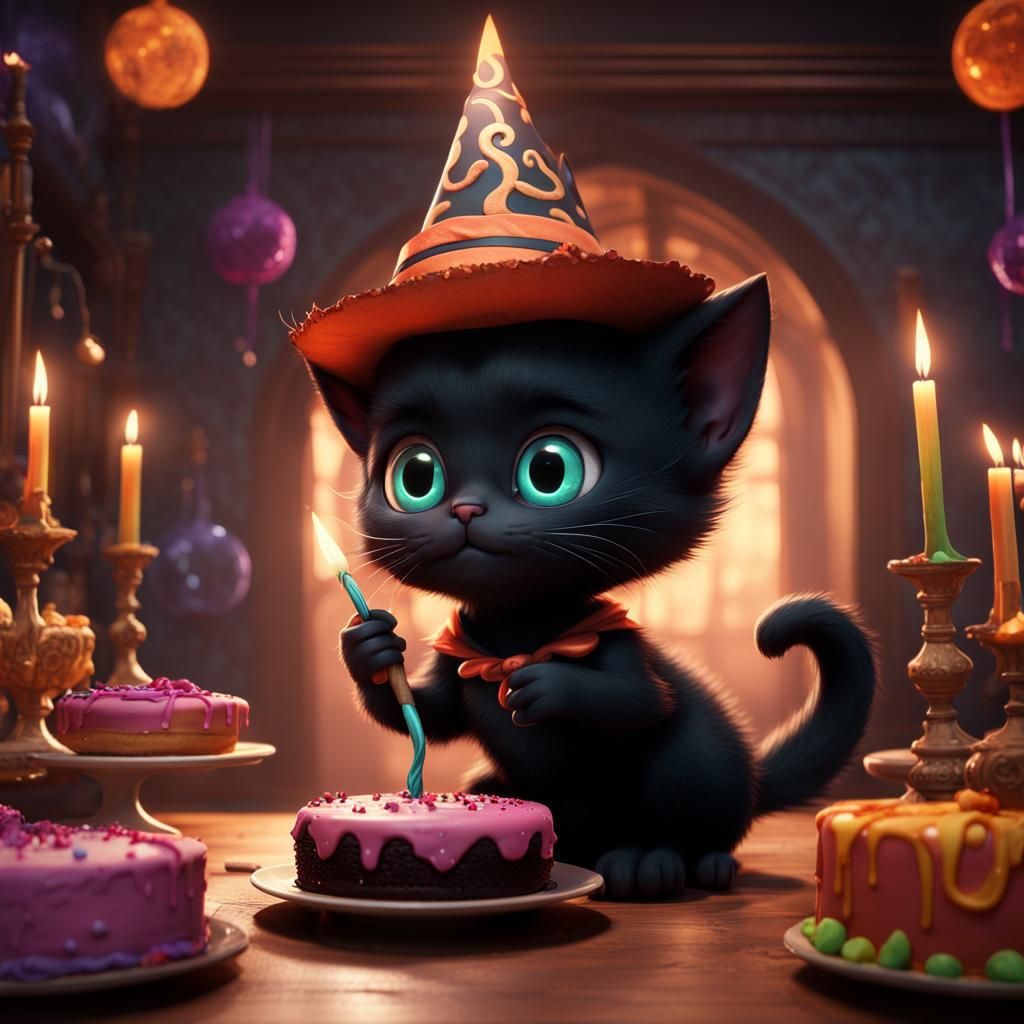 Whimsical Witch Kitten's Birthday Celebration