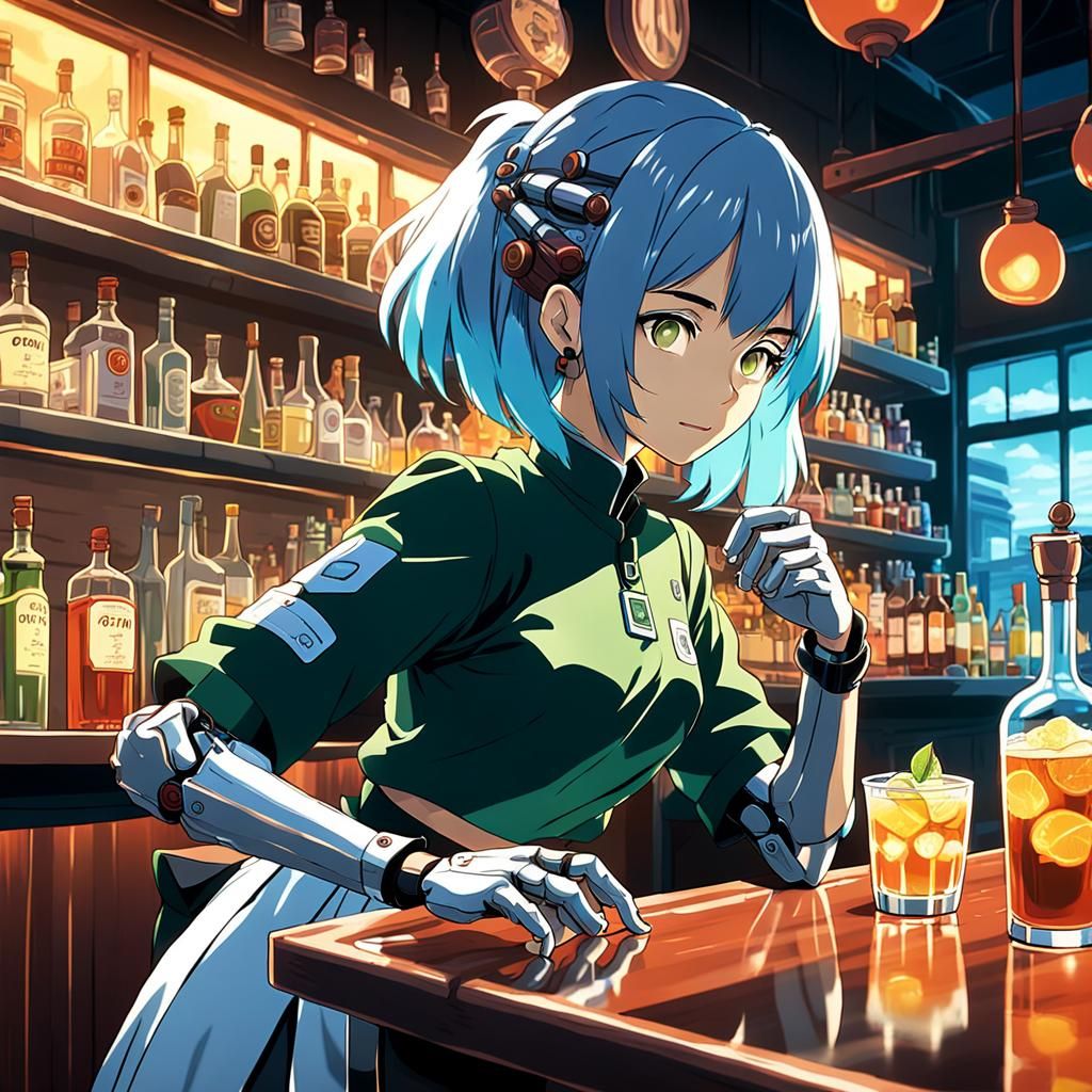 Cyborg Bartender Girl in Anime Key Visual Style