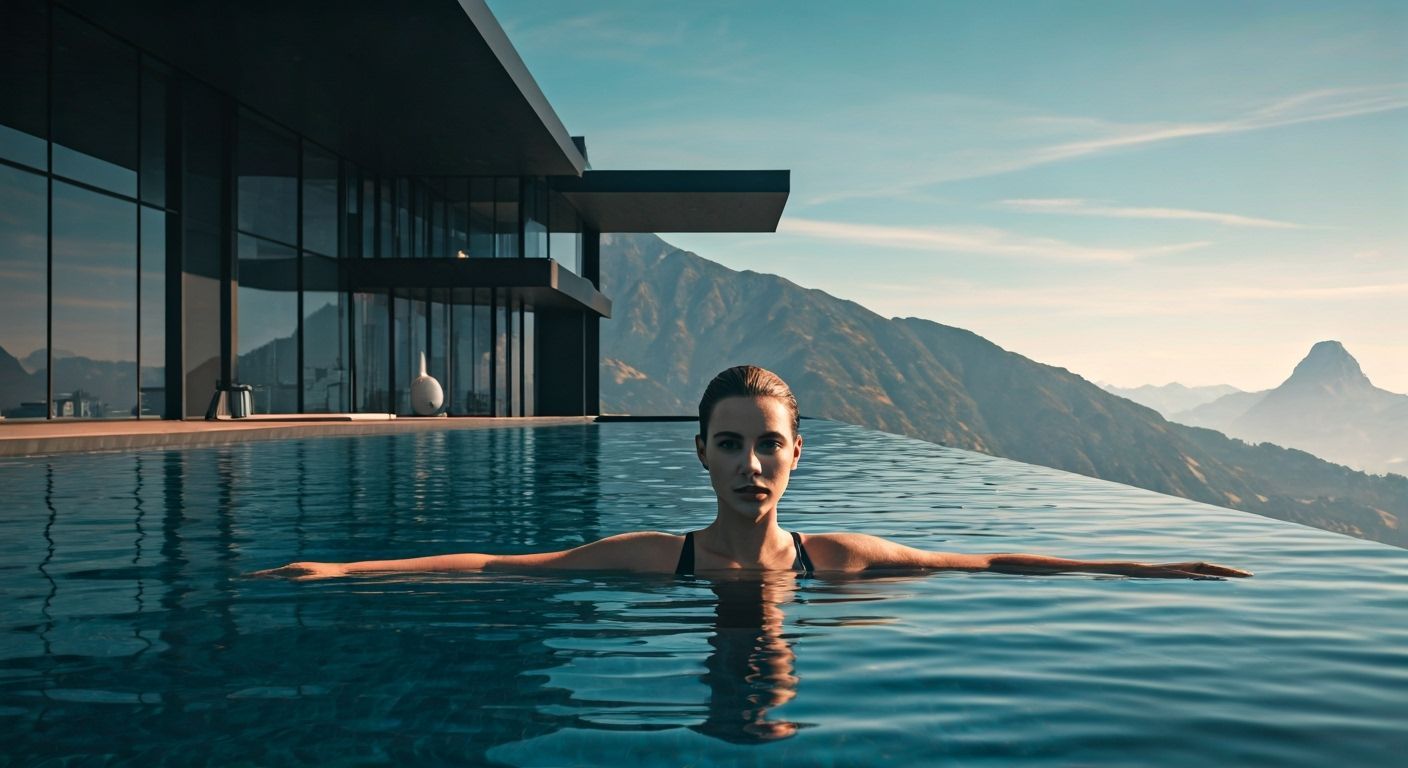 Woman in Infinity Pool: Futuristic Cinematic Architecture