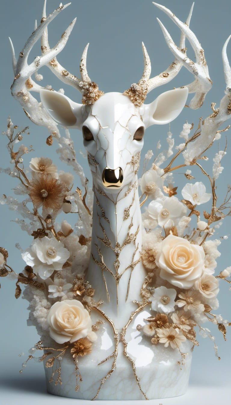 Porcelain Deer Skull with Kintsugi and Flowers