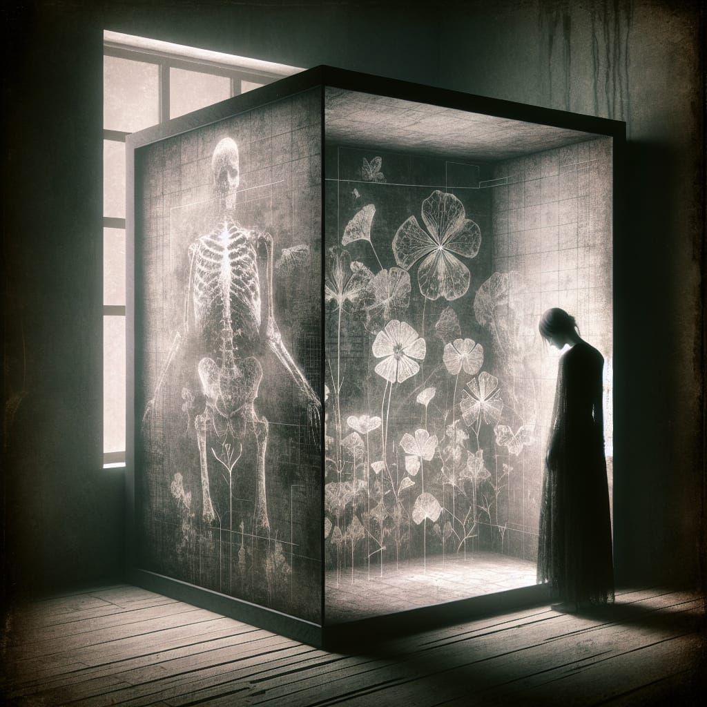 Melancholic Figure by Window with X-Ray Floral Wallpaper