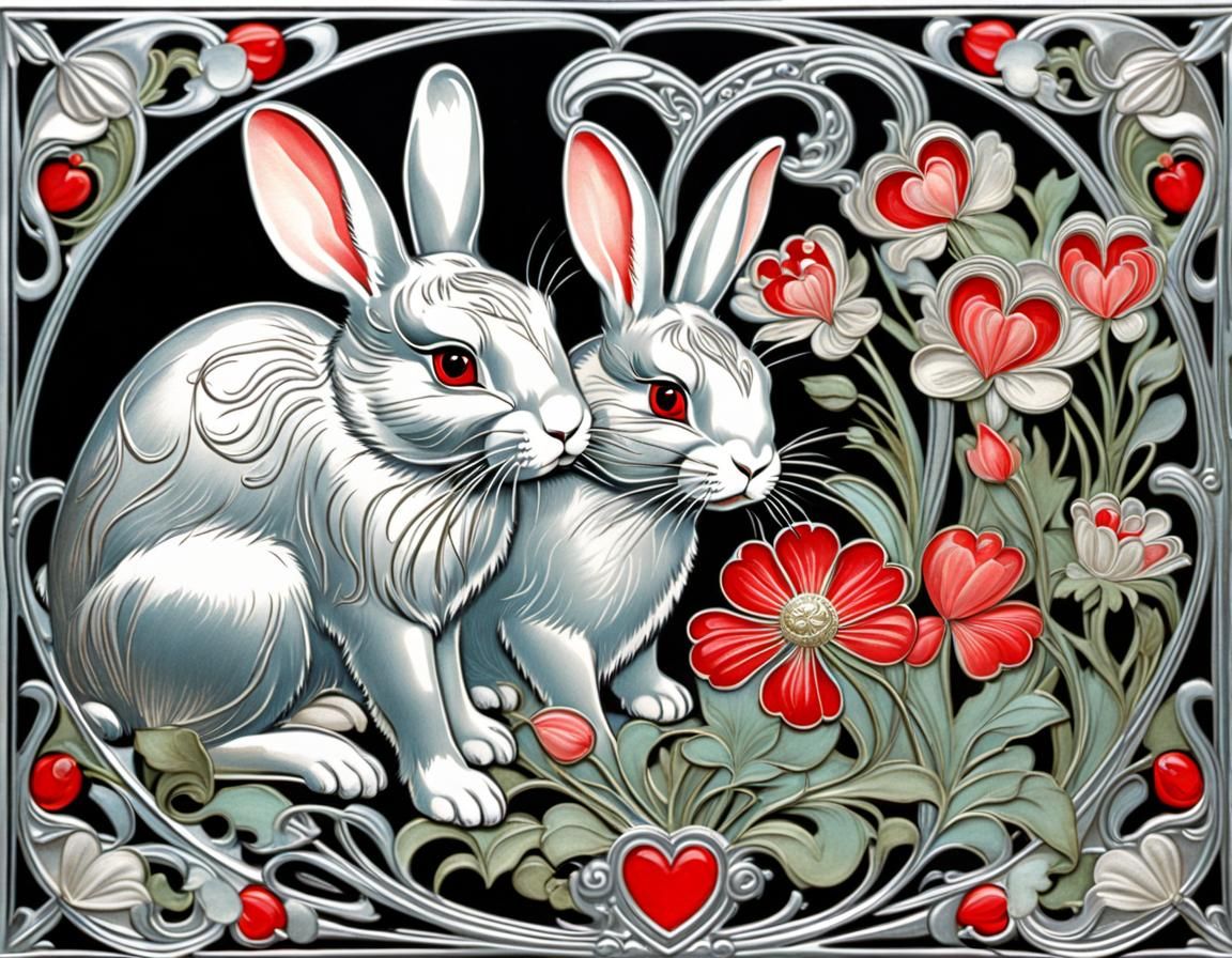 Silver Bunny Art Nouveau Valentine Card