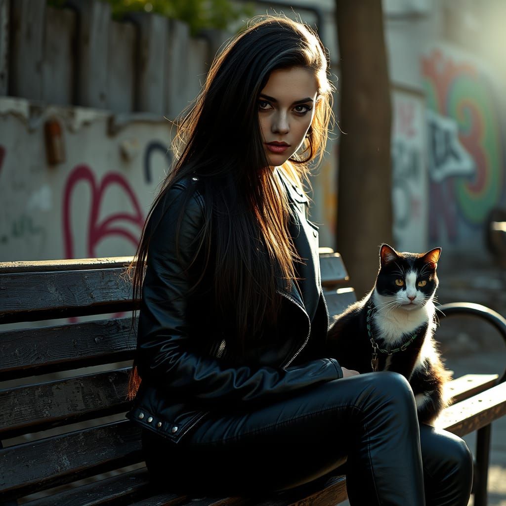 Edgy Metal Goddess Sits with Urban Cat in Gritty Cityscape