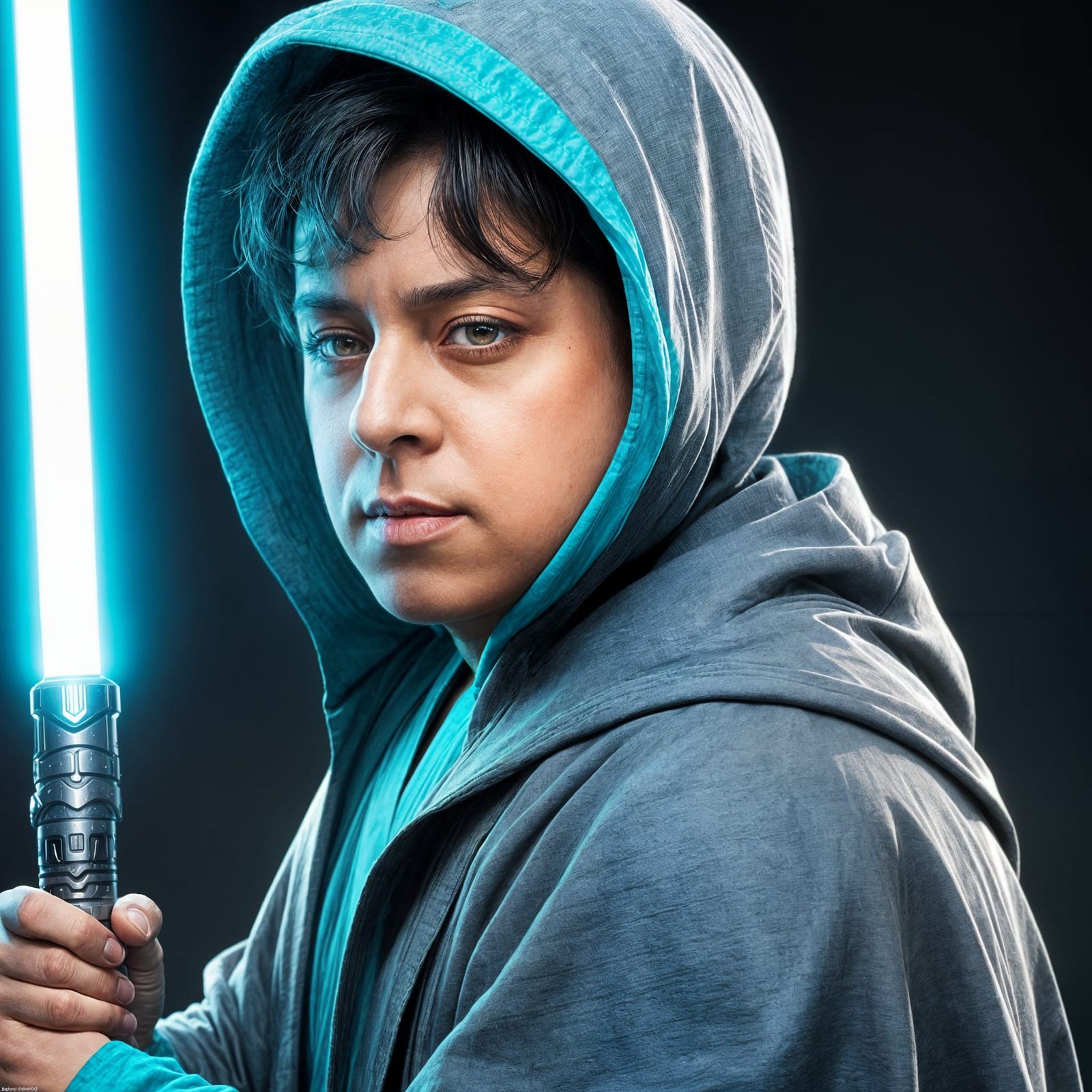 Grey Jedi Portrait with Turquoise Lightsaber