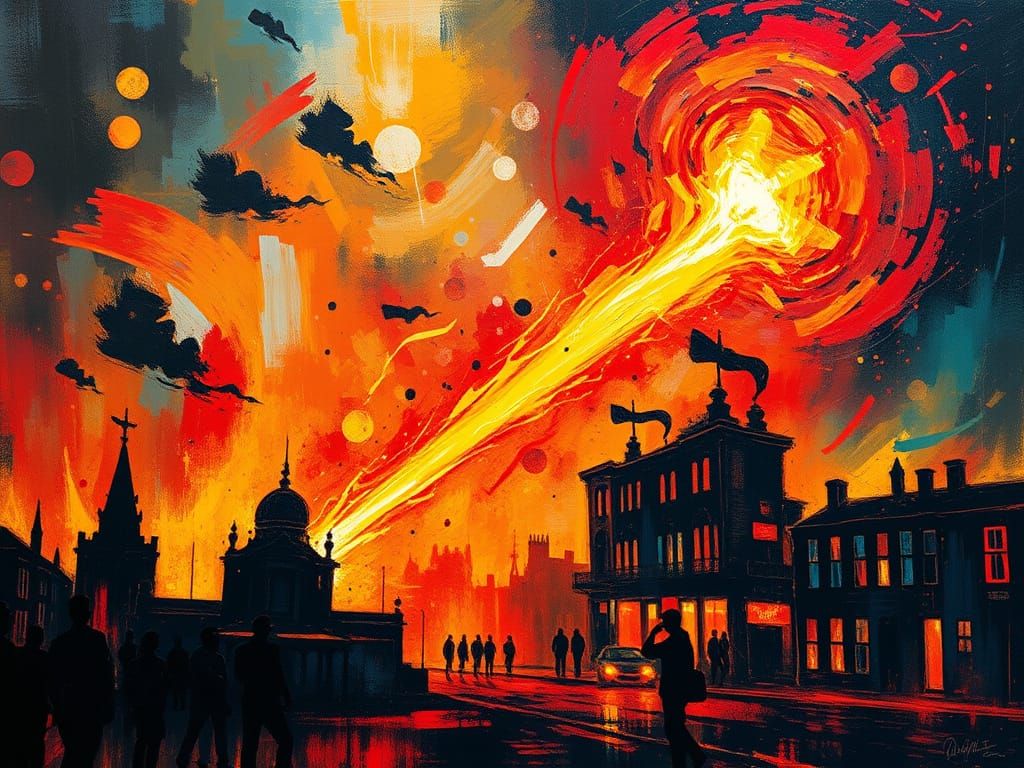 Fiery Comet Engulfs Cityscape in Abstract Surreal Art