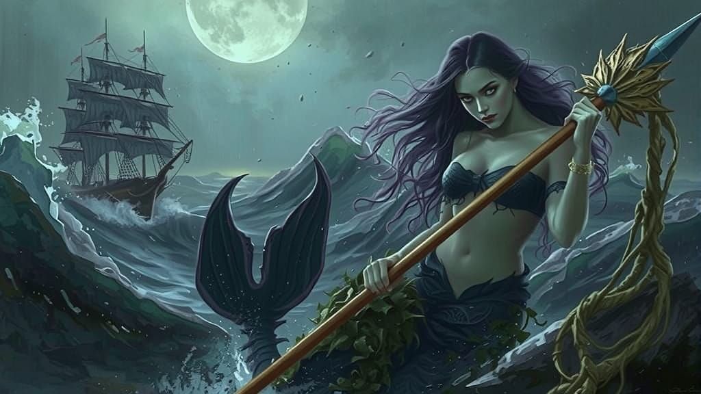 Ominous Mermaid with Spear on Stormy Shore