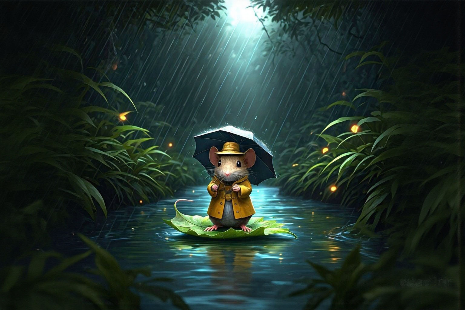 Mouse Sailing on Leaf Boat in Rainstorm