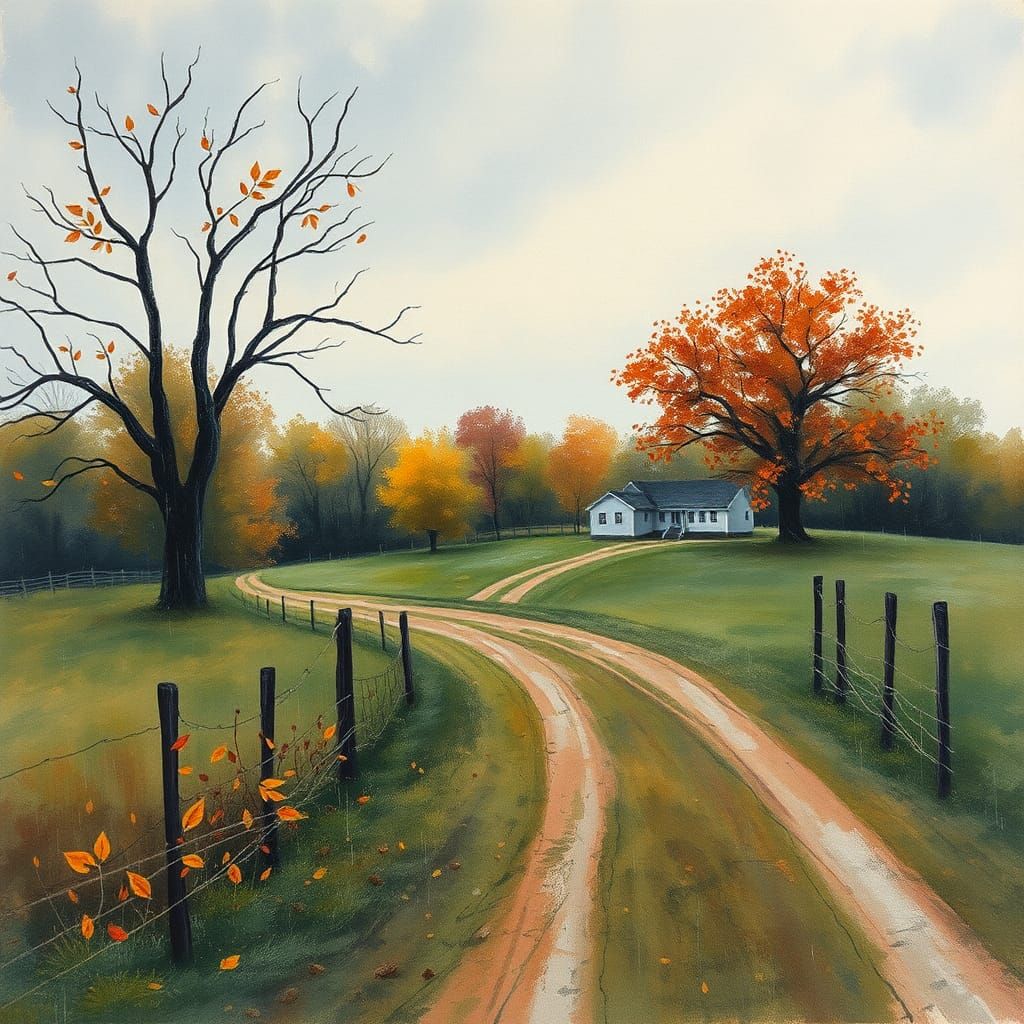 Autumn Farmhouse: Gouache Watercolor Impressionist Landscape