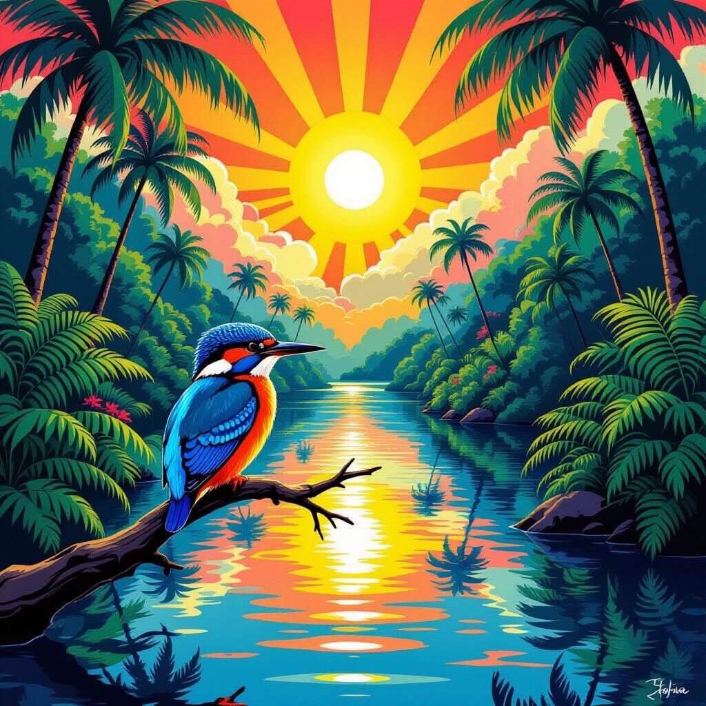 Vibrant Kingfisher at Mirrored Oasis, in Maximalist Style