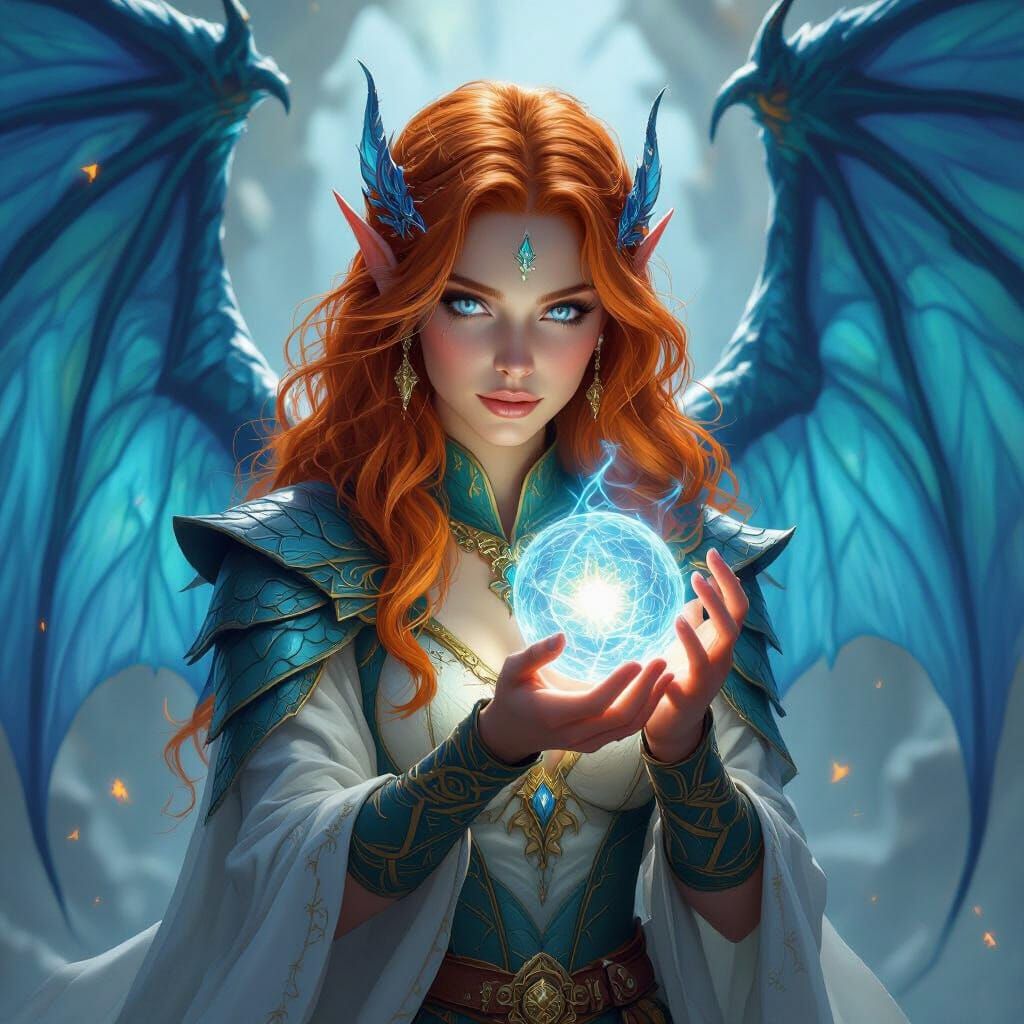 Aasimar Sorceress with Blue Wings and Dragon Focus