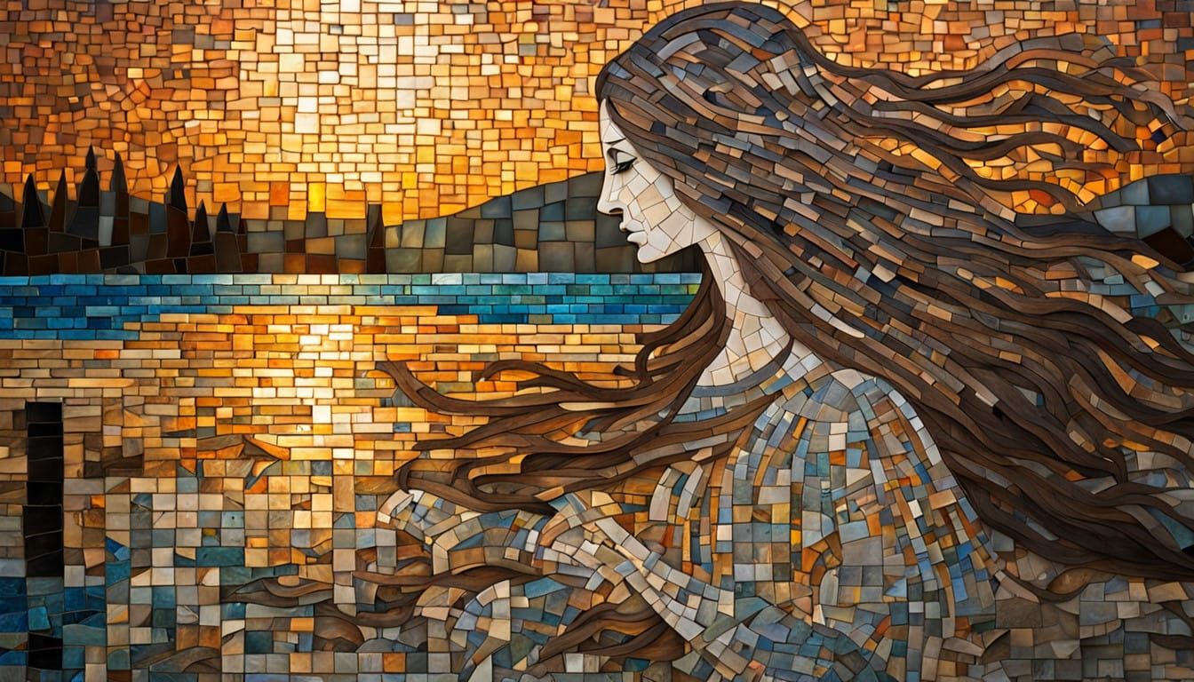 Woman Amidst Mosaic Art and Sunset