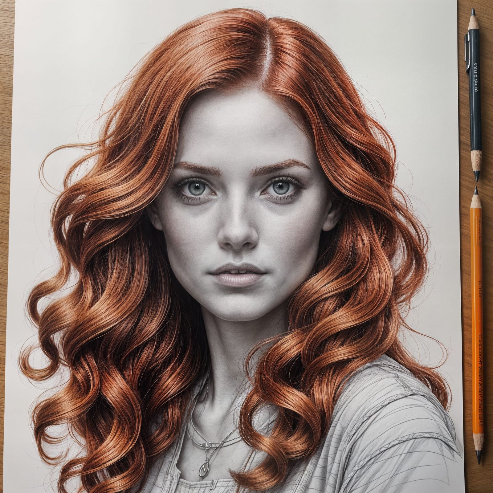 Pencil Sketch of a Girl with Flowing Red Hair
