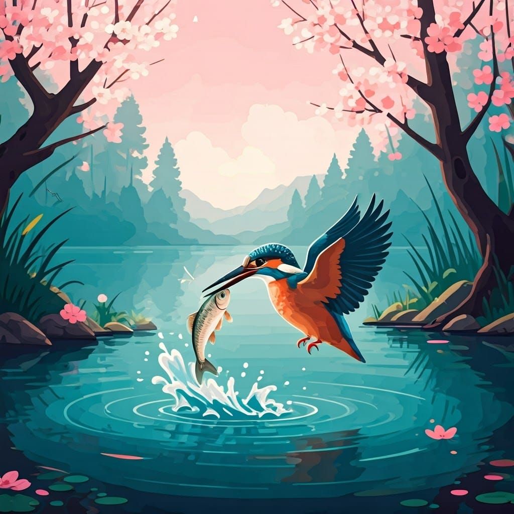 Kingfisher Catches Fish in a Vibrant Spring Scene
