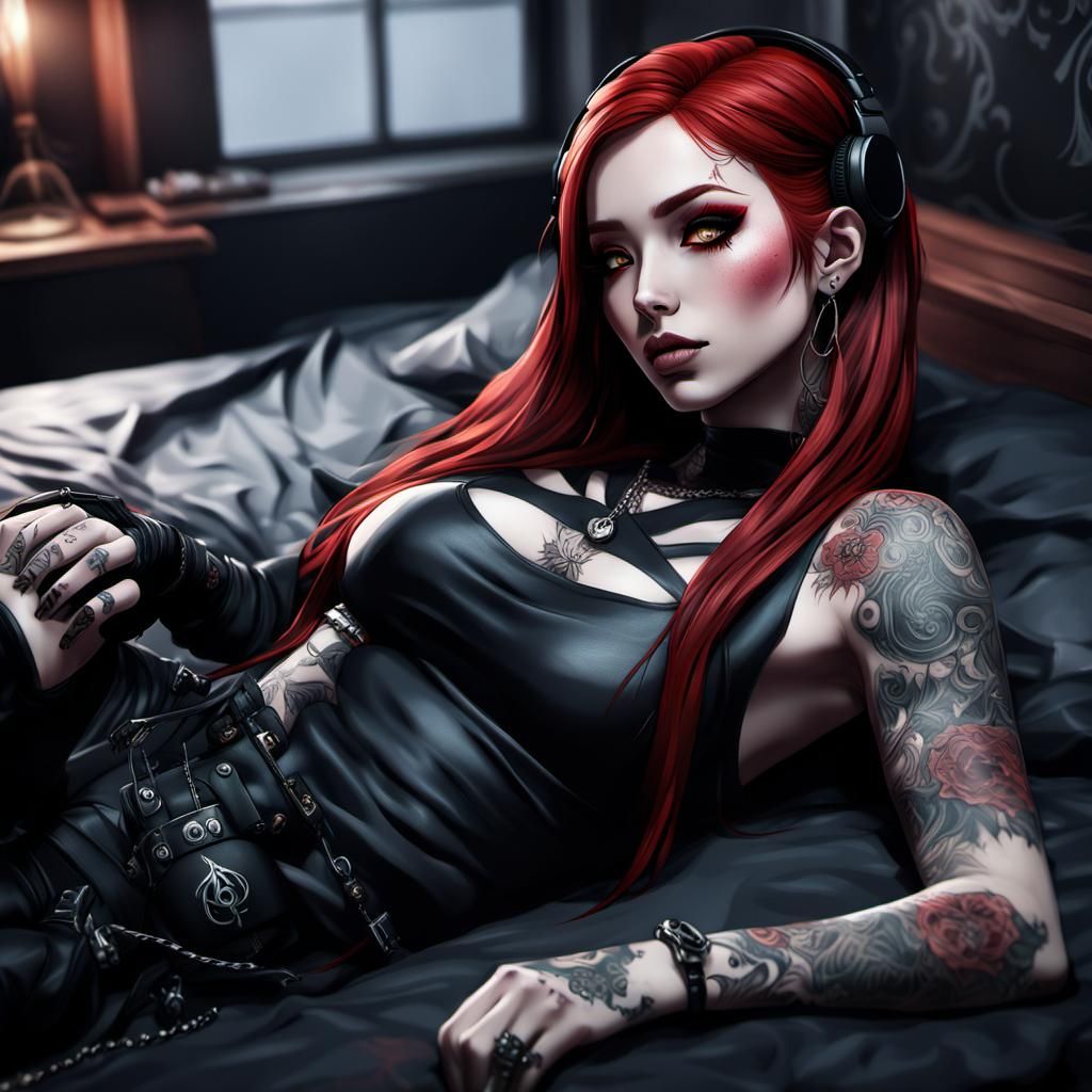 Gothic Girl Listening to Music in Anime Style