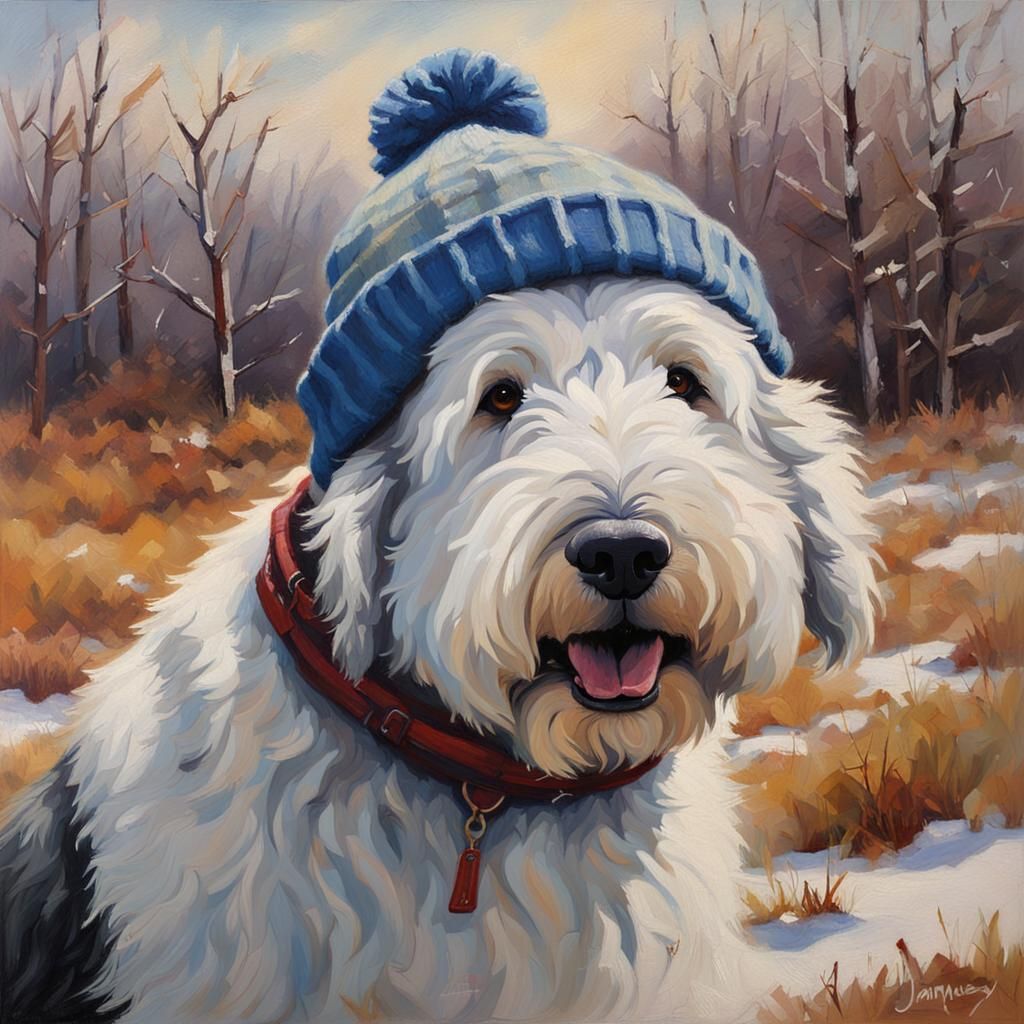Sheepdog in Beanie, Oil Painting