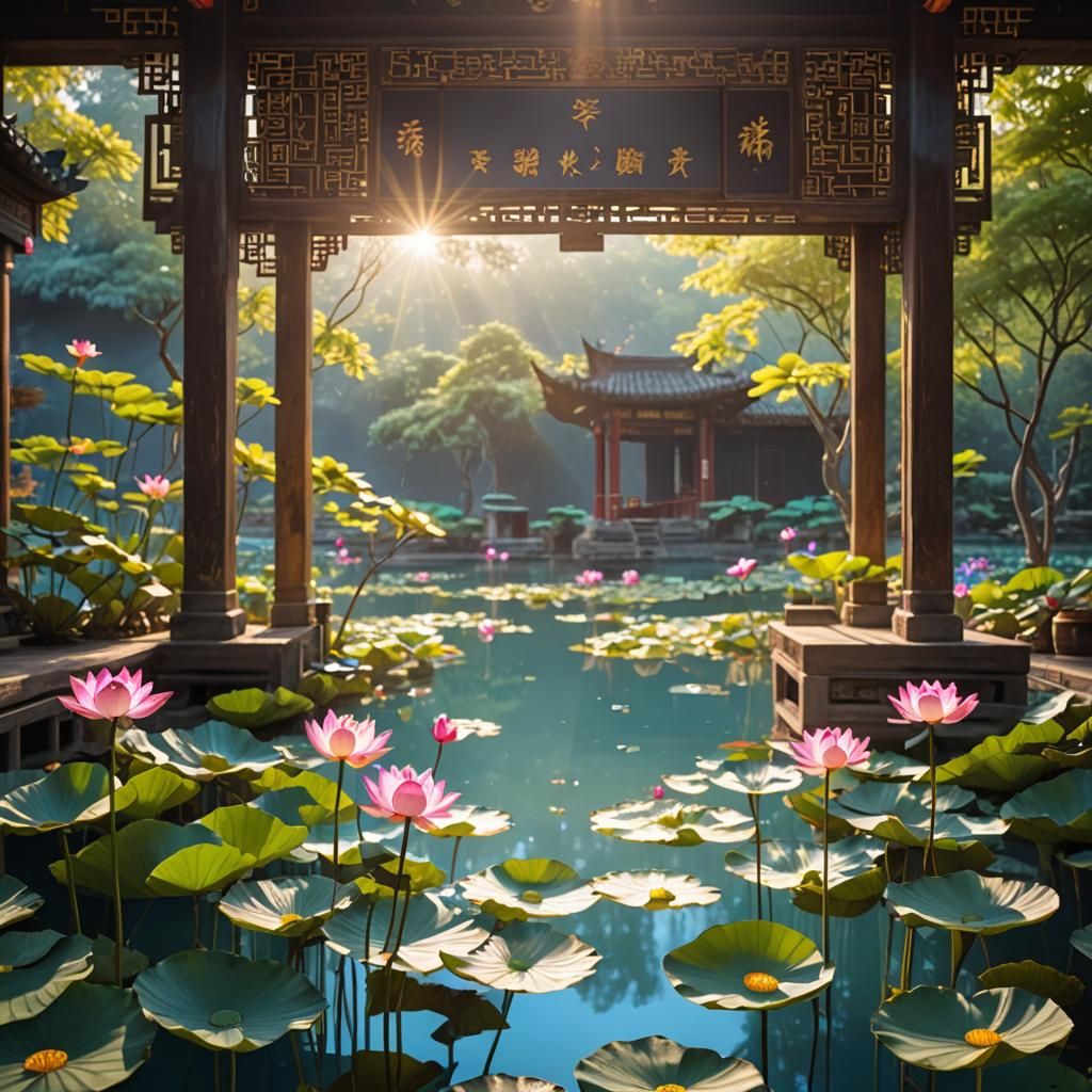 Ancient Chinese House Interior with Lotus Lake