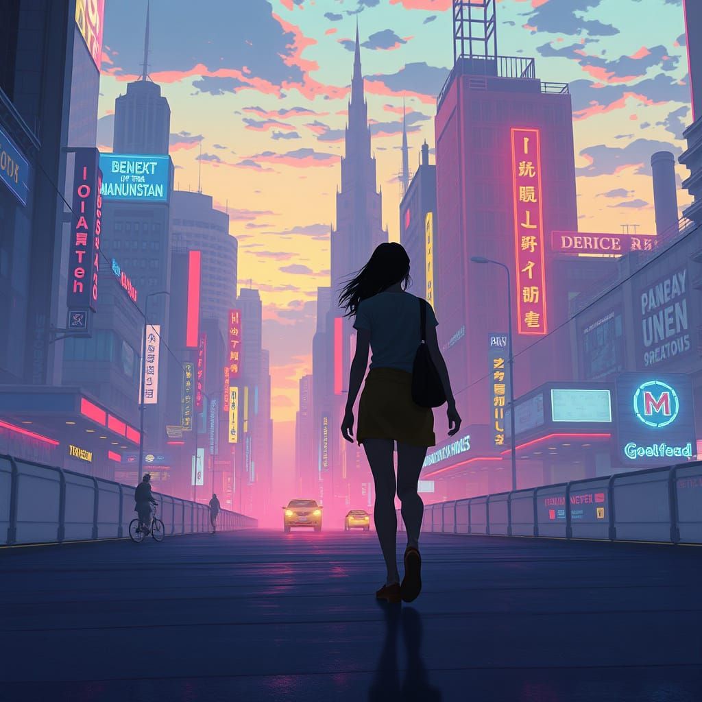 Woman in Neon Cityscape at Dusk